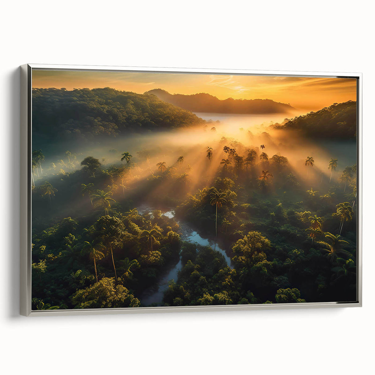 Framed canvas wall art showcasing a vibrant rainforest landscape design, featuring lush green foliage and rich colors, with a sleek silver frame enhancing its aesthetic appeal.