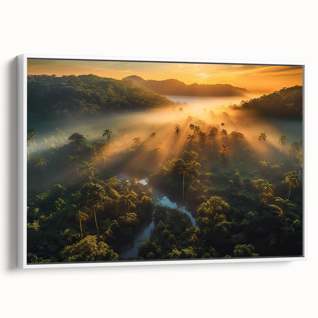 Framed canvas wall art depicting a vibrant rainforest landscape, featuring lush green foliage and colorful exotic flowers, displayed from a side view against a white background.