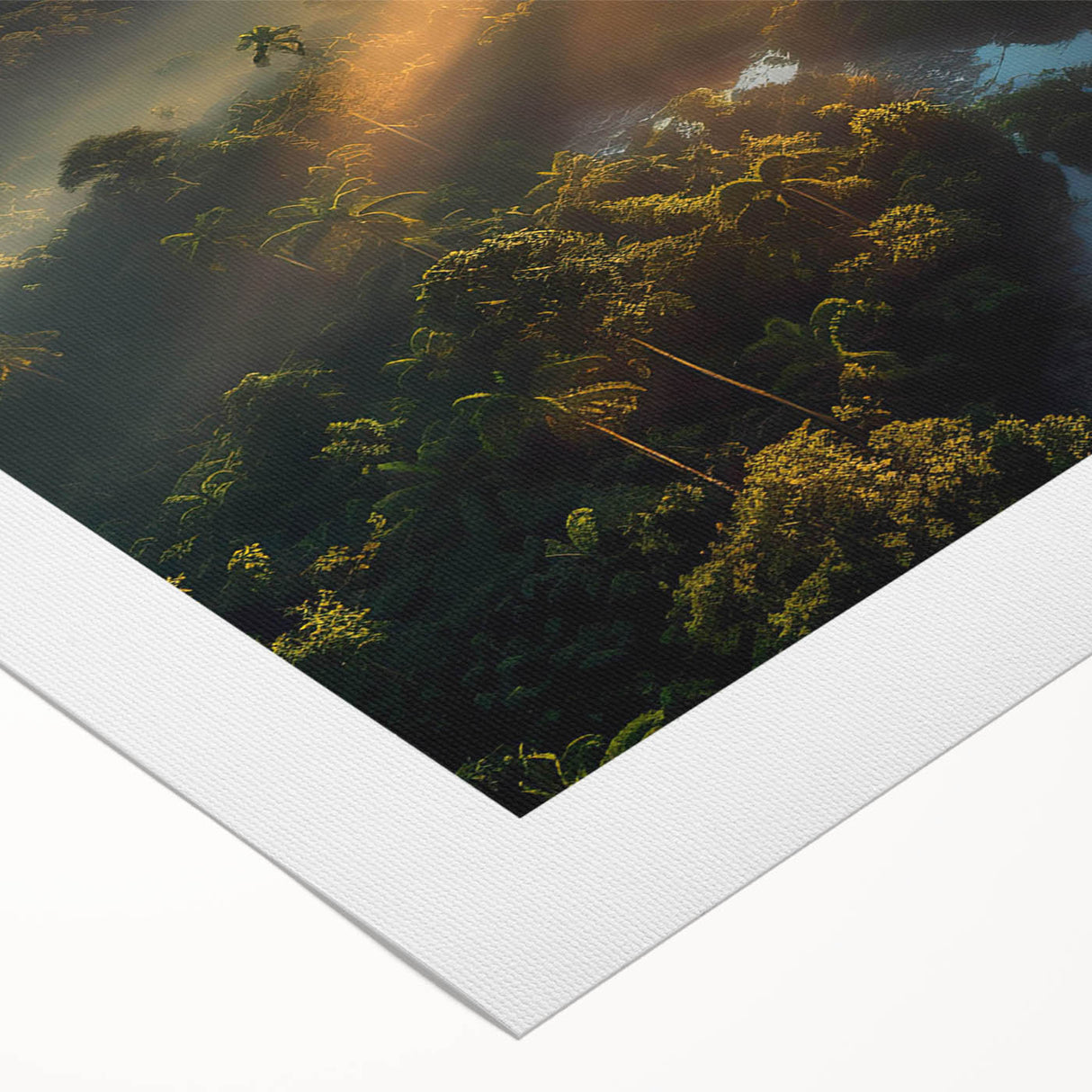 Vibrant rolled canvas artwork depicting a lush rainforest landscape, showcasing rich greens and detailed foliage, perfect for nature-themed decor.