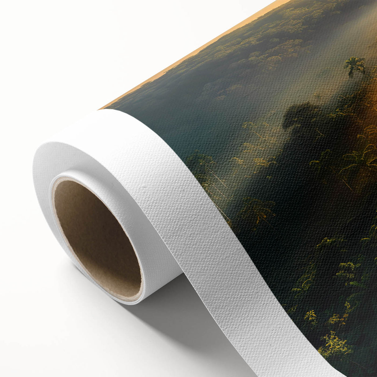 Vibrant rolled canvas artwork showcasing a lush rainforest landscape with rich greens and blues, ideal for nature-themed decor, packaged securely for delivery.