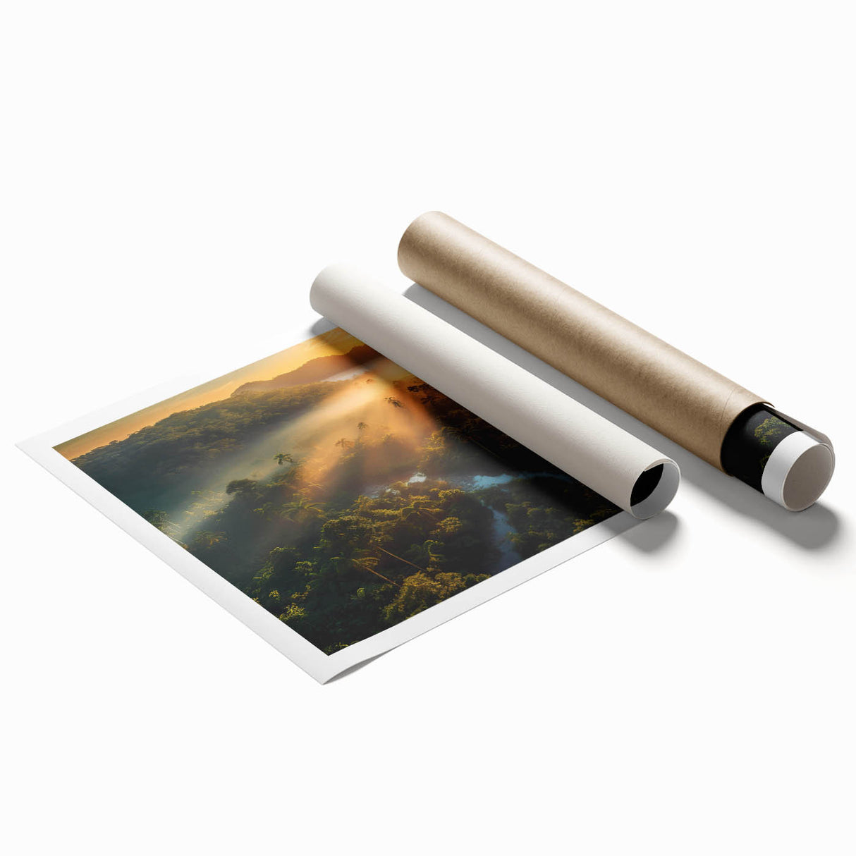 Vibrant rainforest landscape wall art print showcasing lush greenery and tropical flora, rolled and ready for framing, perfect for home decor enthusiasts.
