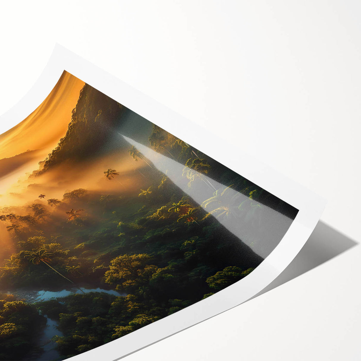 Vibrant rainforest landscape wall art design printed on high-quality canvas, showcasing lush greenery and tropical flora, rolled for easy display and shipping.