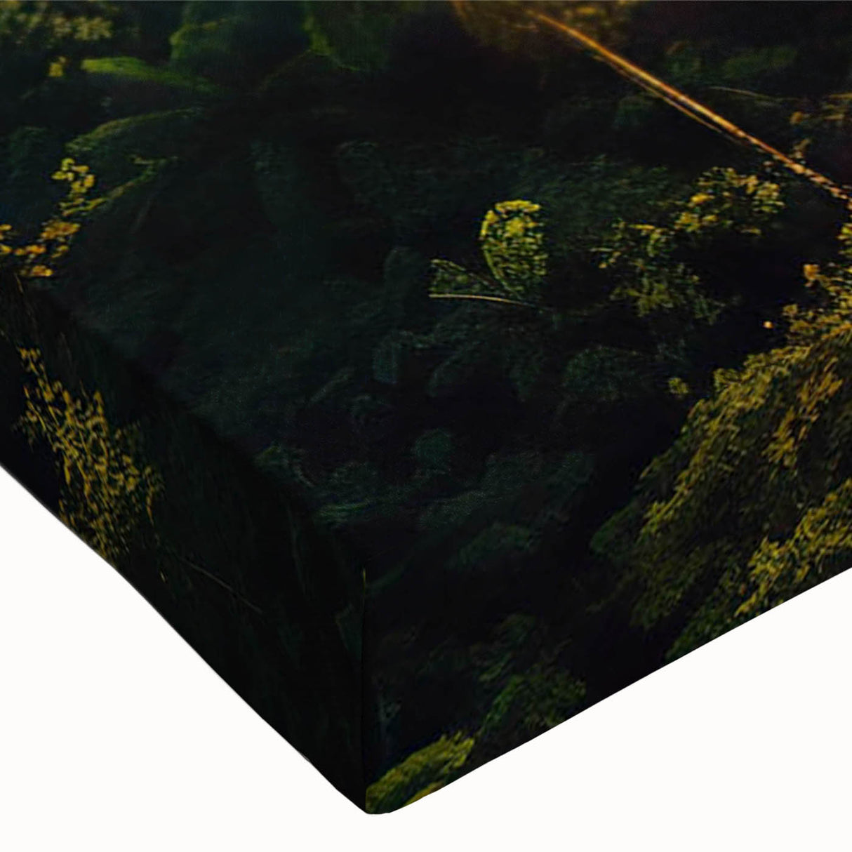 Vibrant close-up of a rainforest landscape wall art design printed on stretched canvas, featuring lush greenery and vivid colors, perfect for home decor.