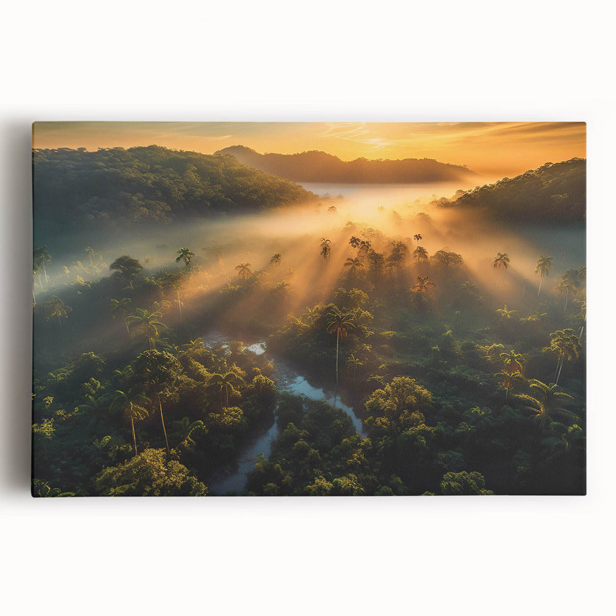 Vibrant rainforest landscape wall art design on stretched canvas, showcasing lush greenery and vivid colors, perfect for enhancing any nature-themed decor.