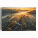 Vibrant rainforest landscape wall art design on stretched canvas, showcasing lush greenery and vivid colors, perfect for enhancing any nature-themed decor.