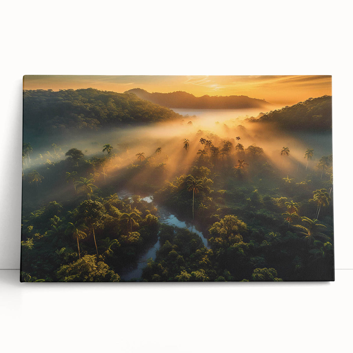 Vibrant rainforest landscape wall art featuring lush green foliage and intricate details, printed on stretched canvas, perfect for enhancing home decor.