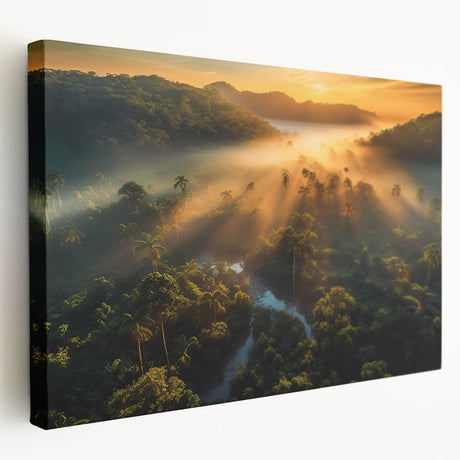 Stretched canvas wall art depicting a vibrant rainforest landscape, showcasing lush greenery and intricate details, perfect for nature-themed home decor.