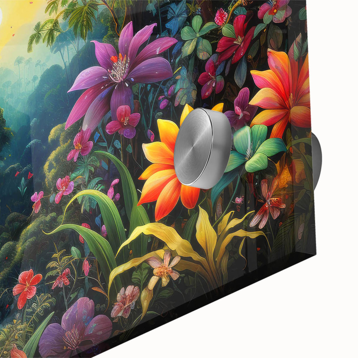 Vibrant close-up of a rainforest-themed wall art piece showcasing lush green foliage and intricate details, designed for acrylic glass display in modern interiors.