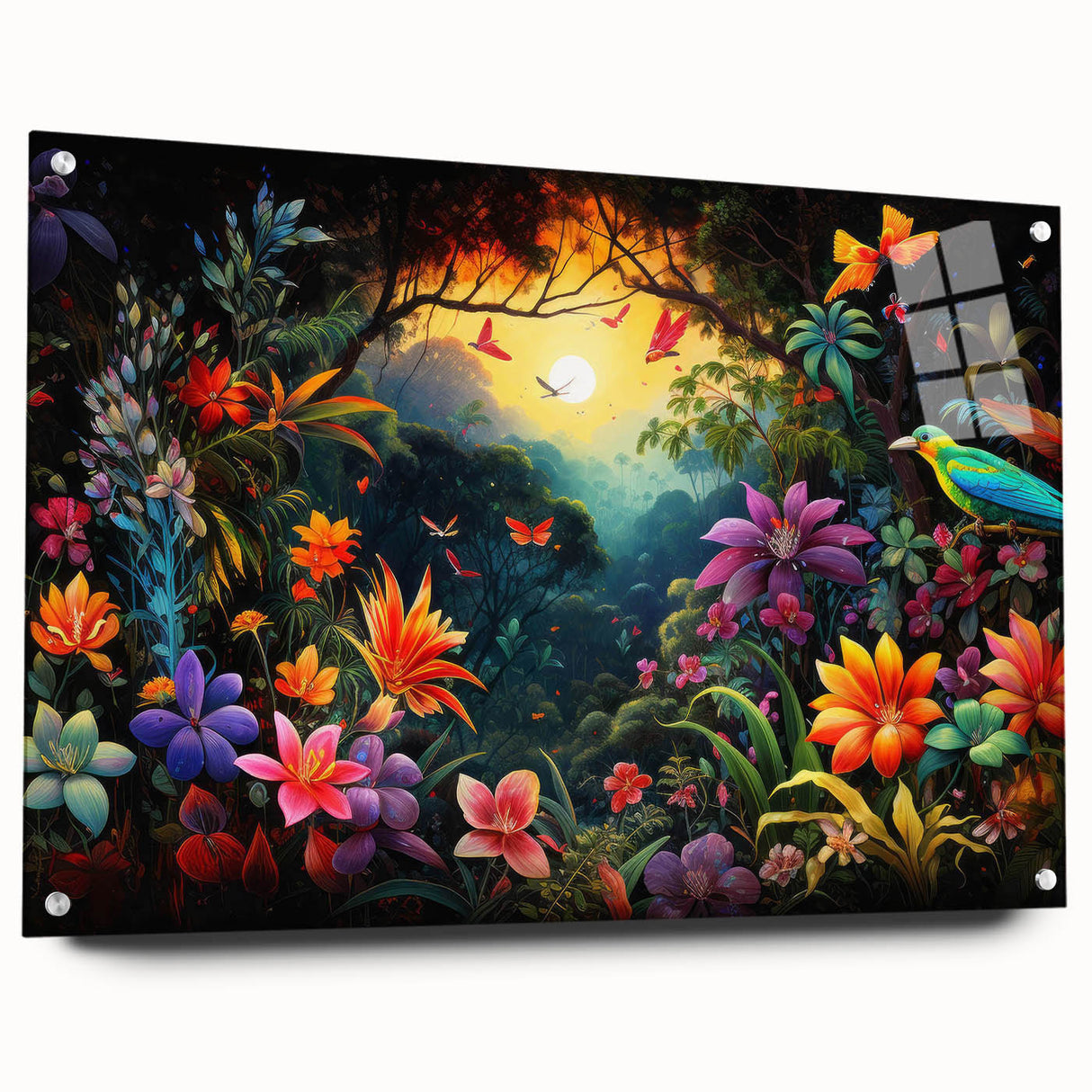 Acrylic wall art featuring a vibrant rainforest landscape design, showcasing lush greenery and vivid colors, displayed from a side view with decorative pins.