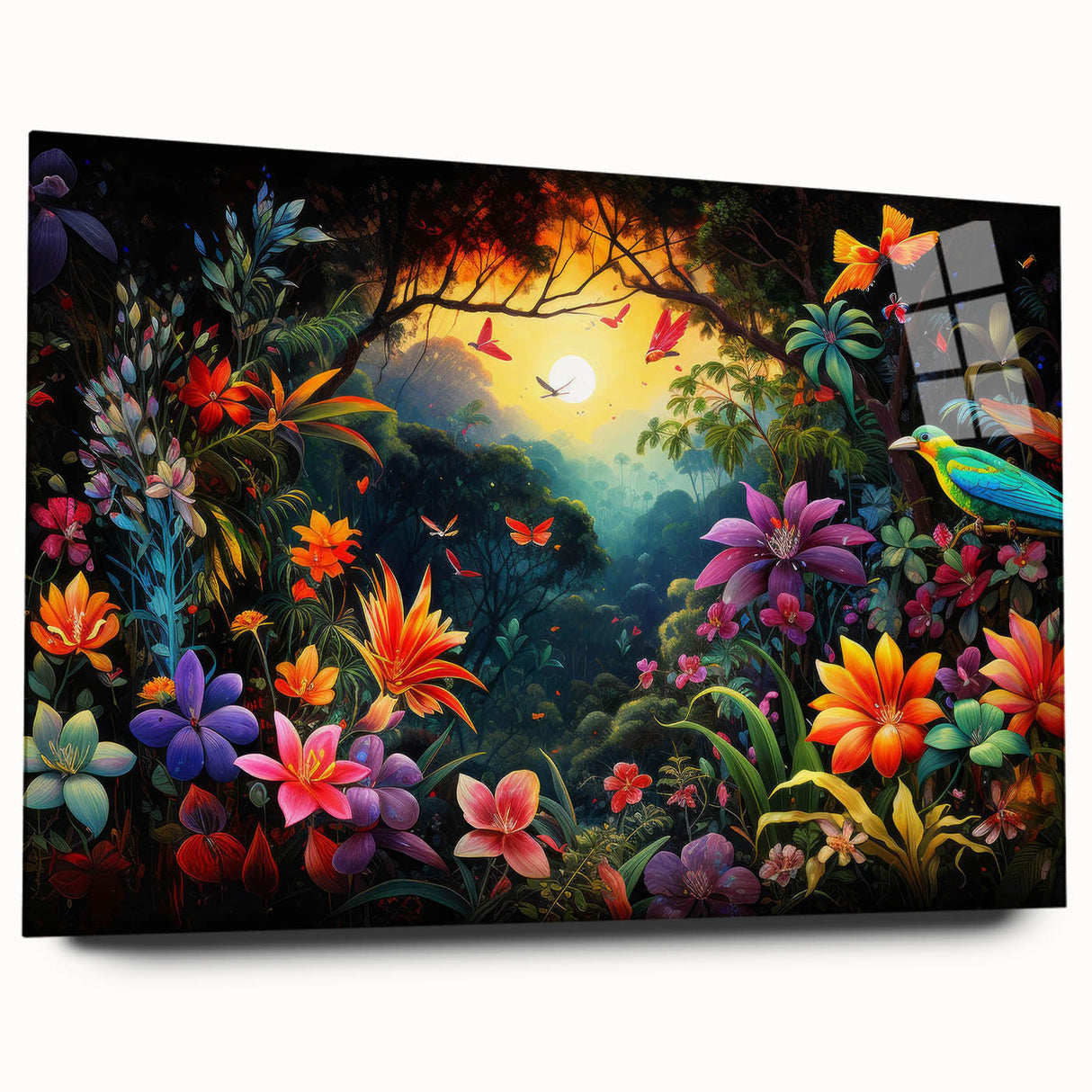 Acrylic glass wall art featuring a vibrant rainforest landscape design, showcasing lush greenery and tropical flora, displayed from a side view without pins.