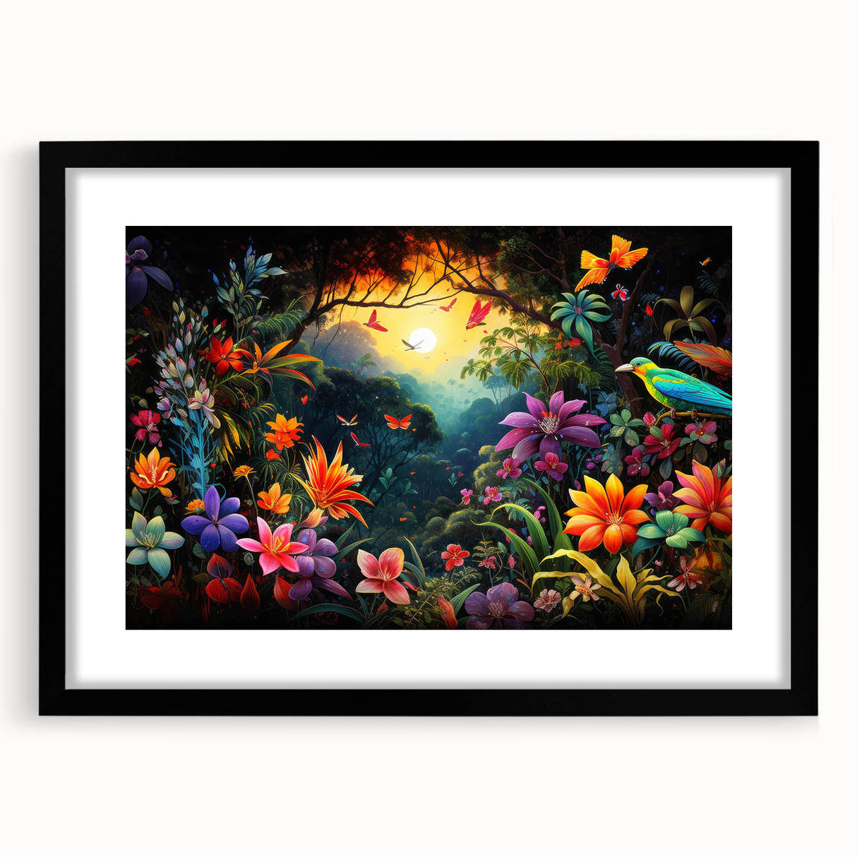 Framed wall art showcasing a vibrant rainforest landscape design, featuring rich green hues and intricate details, presented in a sleek black frame with a white mat.