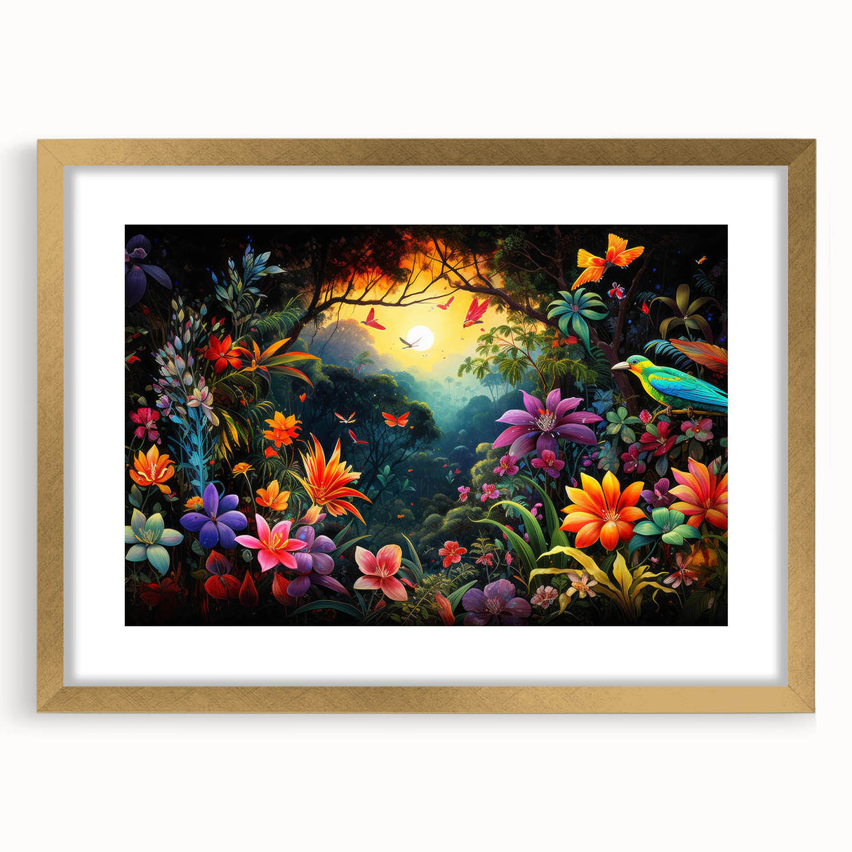 Framed wall art featuring a vibrant rainforest landscape design, enclosed in a gold frame with a mat, ideal for enhancing home decor and adding a touch of nature.