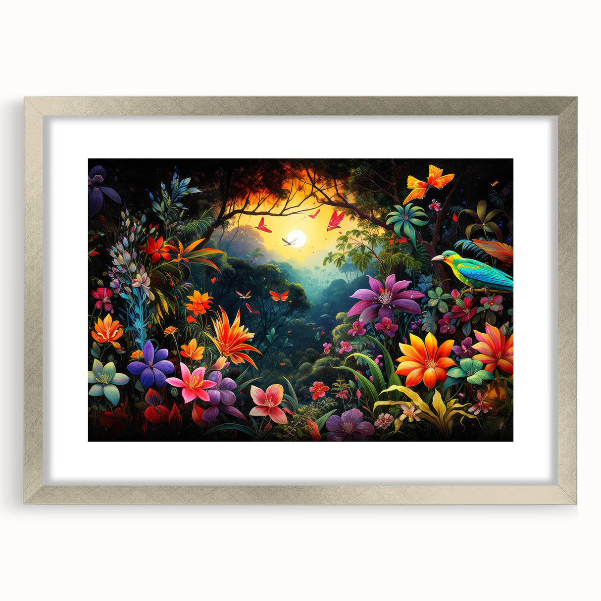 Framed wall art showcasing a vibrant rainforest landscape with lush greenery and tropical elements, accented by a sleek silver mat and frame, perfect for enhancing home decor.