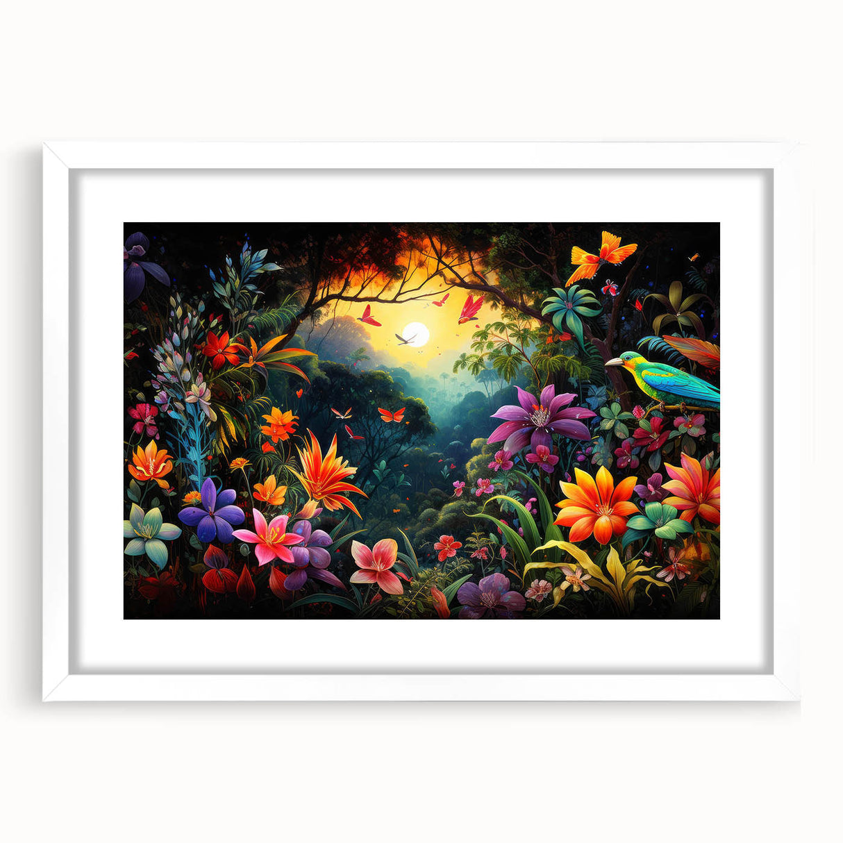 Framed rainforest landscape wall art collection featuring vibrant green foliage and intricate details, presented in a white mat for a modern aesthetic. Perfect for nature lovers and home decor enthusiasts.