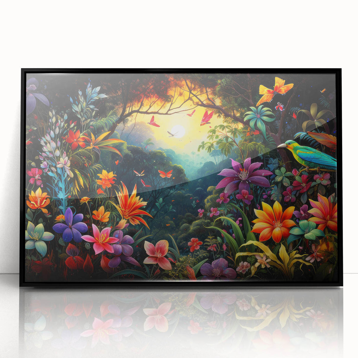 Framed acrylic wall art showcasing a vibrant rainforest landscape design with lush greenery, prominently displayed in a sleek black frame, perfect for home decor.