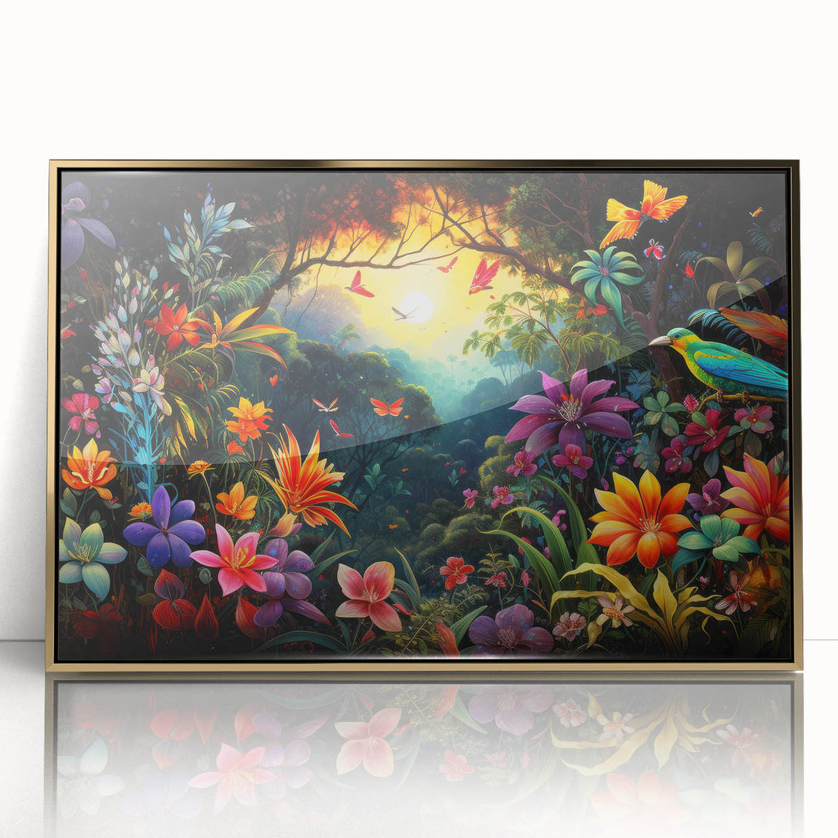 Framed acrylic wall art depicting a vibrant rainforest landscape with lush greenery and vivid colors, featuring a gold frame that enhances its elegance. Perfect for adding a tropical touch to any room decor.