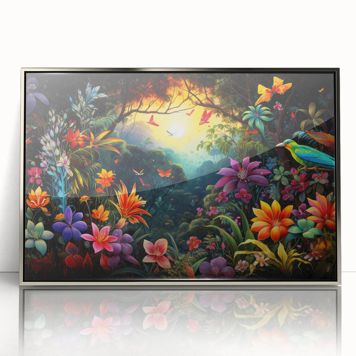 Framed acrylic wall art showcasing a vibrant rainforest landscape design with rich greens and blues, perfect for enhancing home decor with a nature-inspired theme.