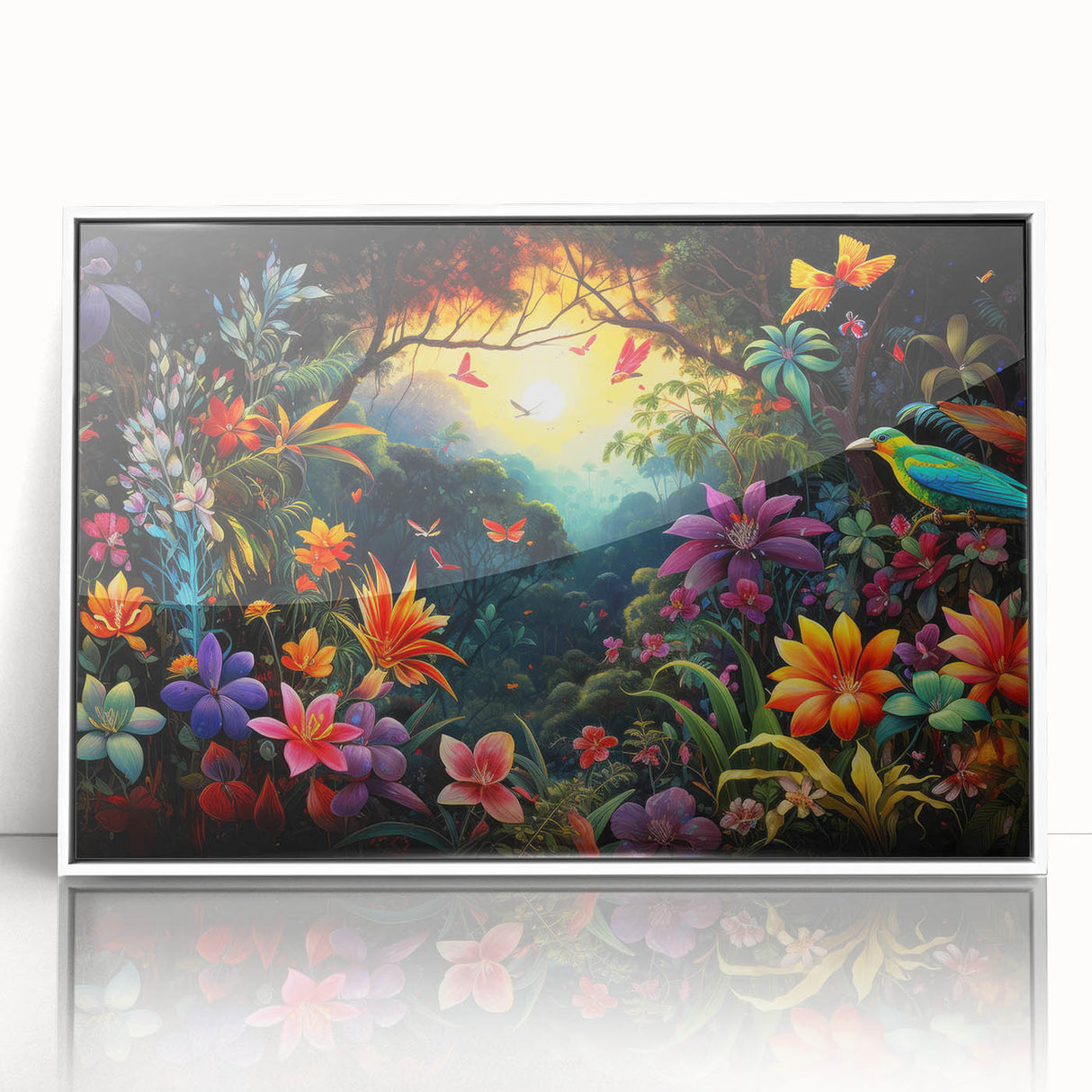 Framed acrylic wall art featuring a vibrant rainforest design with lush greenery and vivid colors, set against a sleek white frame, ideal for nature lovers and home decor enthusiasts.
