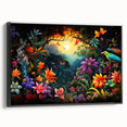 Framed canvas wall art showcasing a vibrant rainforest landscape design with rich green hues and intricate details, viewed from the side against a neutral background.