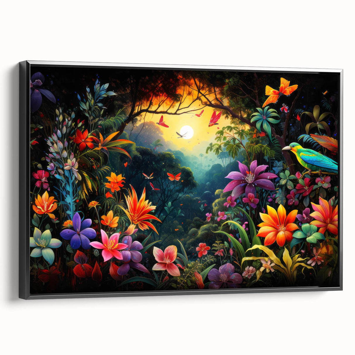 Framed canvas wall art showcasing a vibrant rainforest landscape design with rich green hues and intricate details, viewed from the side against a neutral background.
