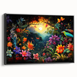 Framed canvas wall art showcasing a vibrant rainforest landscape design with rich green hues and intricate details, viewed from the side against a neutral background.