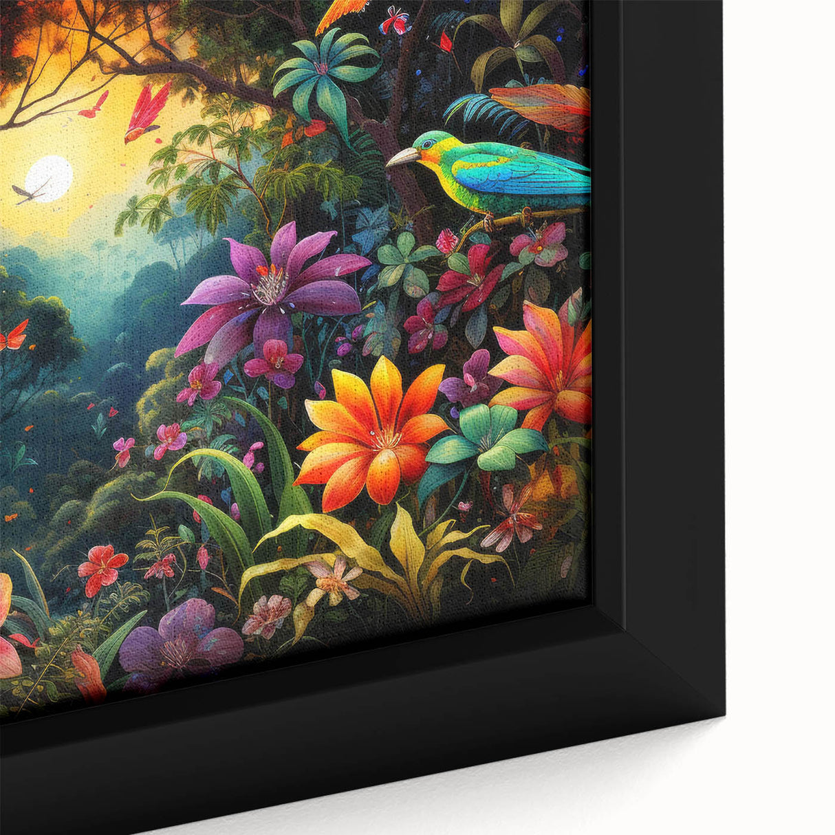 Close-up of a framed canvas wall art piece showcasing a vibrant rainforest landscape design, featuring rich greens and intricate details, perfect for nature enthusiasts.