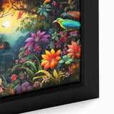 Close-up of a framed canvas wall art piece showcasing a vibrant rainforest landscape design, featuring rich greens and intricate details, perfect for nature enthusiasts.