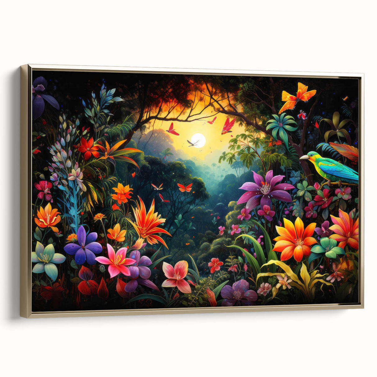 Framed canvas wall art showcasing a vibrant rainforest landscape design with lush green foliage and golden accents, ideal for enhancing any home decor.