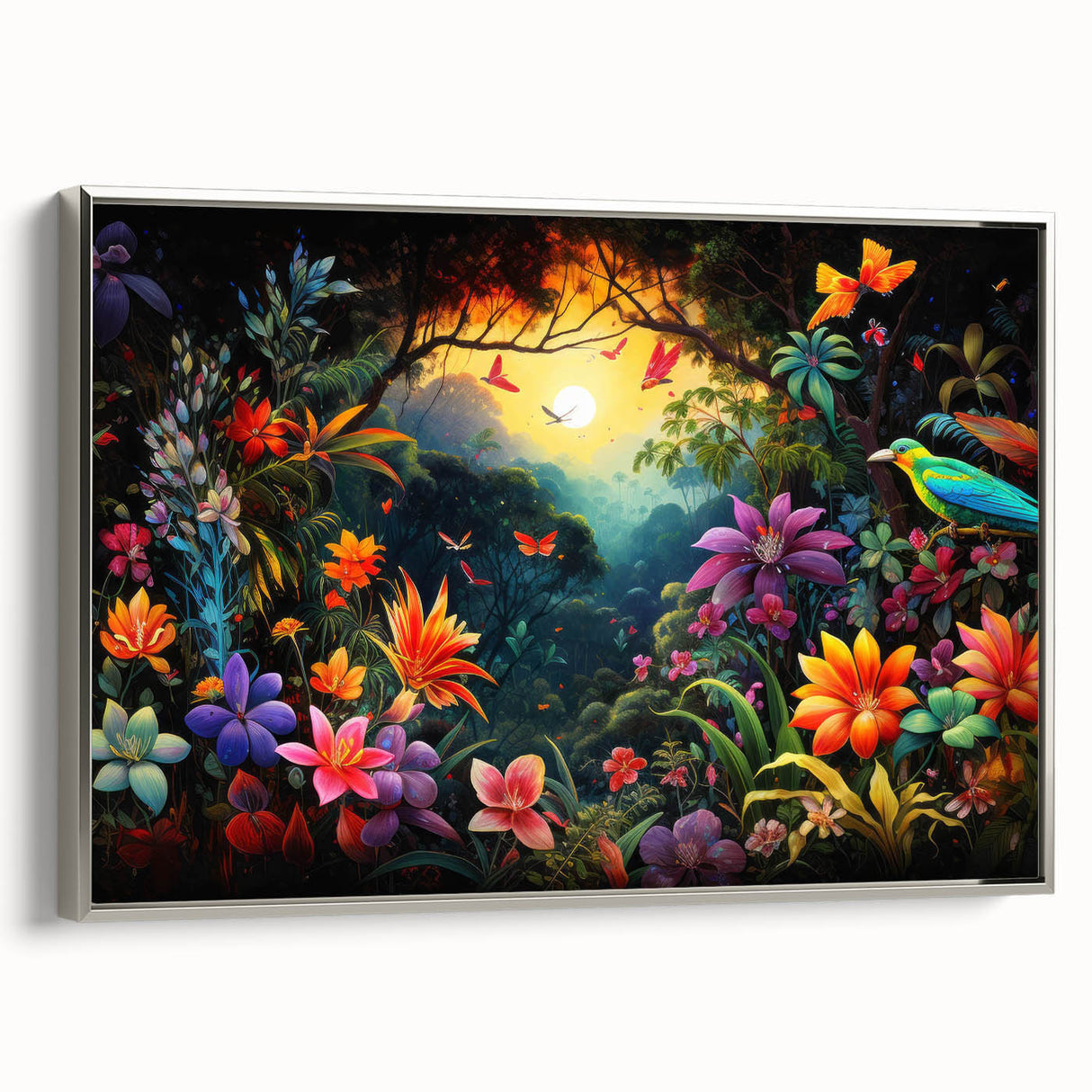 Framed rainforest landscape wall art in a silver frame, showcasing vibrant greens and rich textures, perfect for enhancing modern home decor.