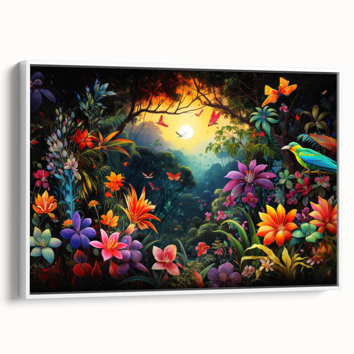 Framed canvas wall art showcasing a lush rainforest landscape with vibrant greens and earthy tones, featuring a sleek white frame for modern decor enhancement.