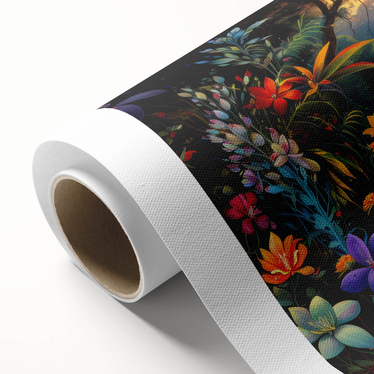 Vibrant rolled canvas showcasing a lush rainforest landscape design, featuring rich greens and intricate details, ideal for enhancing any nature-themed decor.