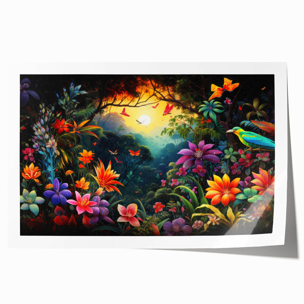 Vibrant rainforest landscape wall art print showcasing lush greenery and intricate details, rolled for easy transport and display, ideal for nature enthusiasts.