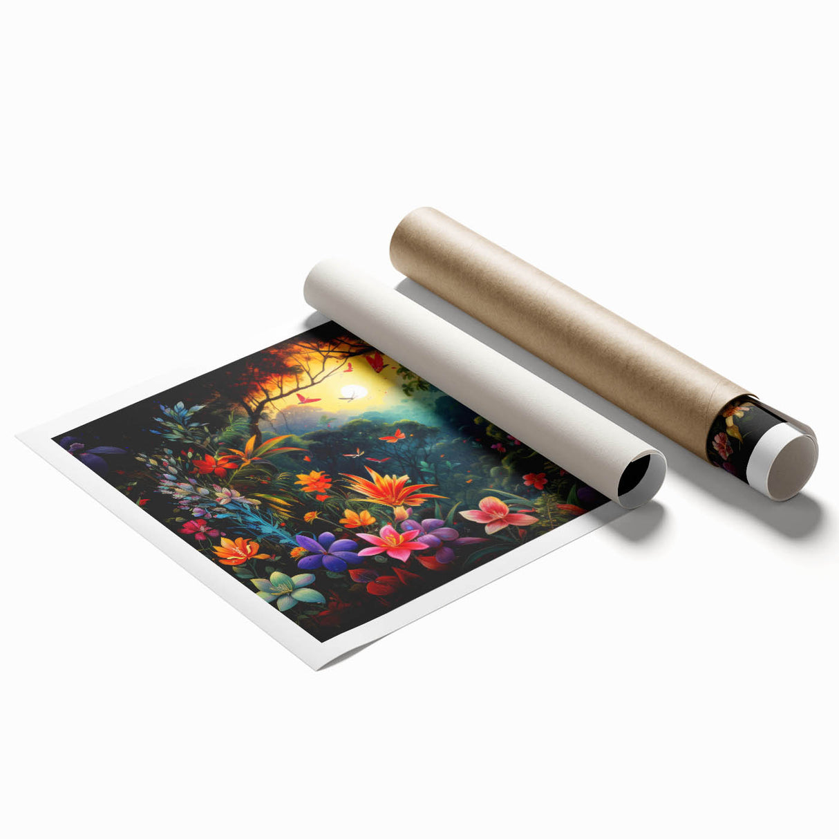 Vibrant rainforest wall art design on a rolled canvas print, showcasing lush greenery and exotic flora, perfect for adding a natural touch to any decor.
