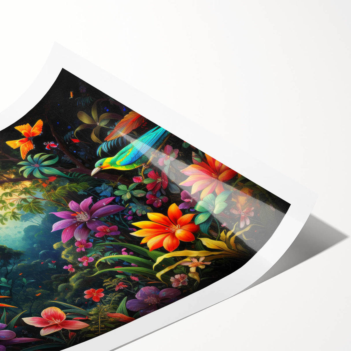 Lush rainforest landscape wall art print showcasing vibrant greens and intricate details, rolled for easy shipping and display in any nature-themed decor.