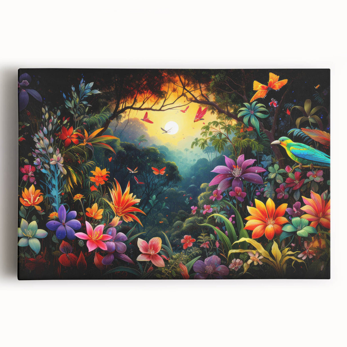 Stretched canvas art showcasing a vibrant rainforest landscape featuring lush greenery and rich colors, perfect for nature-themed home decor or office settings.