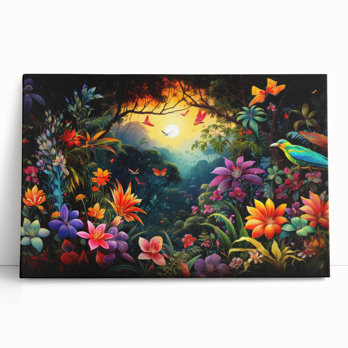 Vibrant stretched canvas wall art showcasing a lush rainforest landscape, featuring rich greens and natural textures, perfect for home decor.