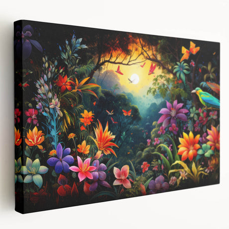 Stretched canvas wall art depicting a vibrant rainforest landscape design, showcasing lush greenery and vivid colors, perfect for enhancing any living space.