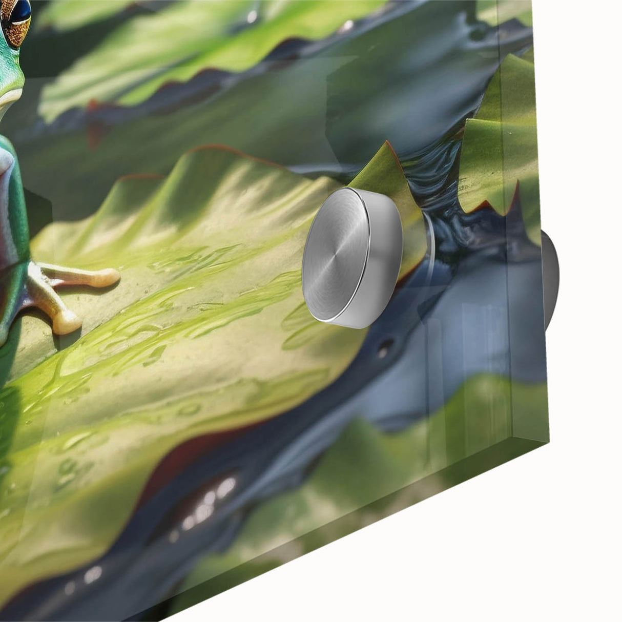 Close-up of vibrant rainforest wall art collection featuring lush green foliage and colorful tropical flowers, printed on acrylic glass for a modern decor touch.