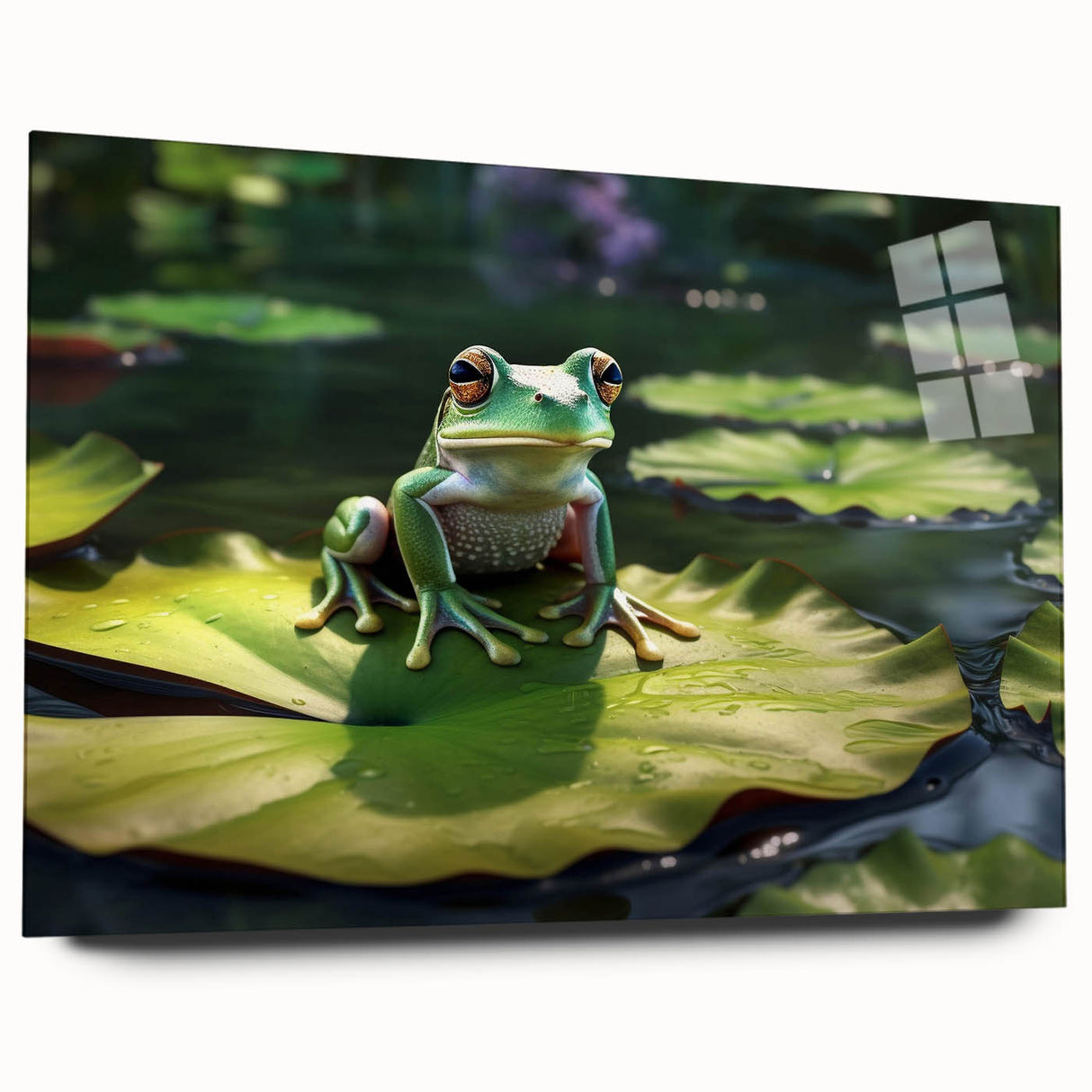 Side view of a stunning rainforest design wall art piece, showcasing vibrant green foliage and intricate details, printed on acrylic glass for a modern home decor accent.