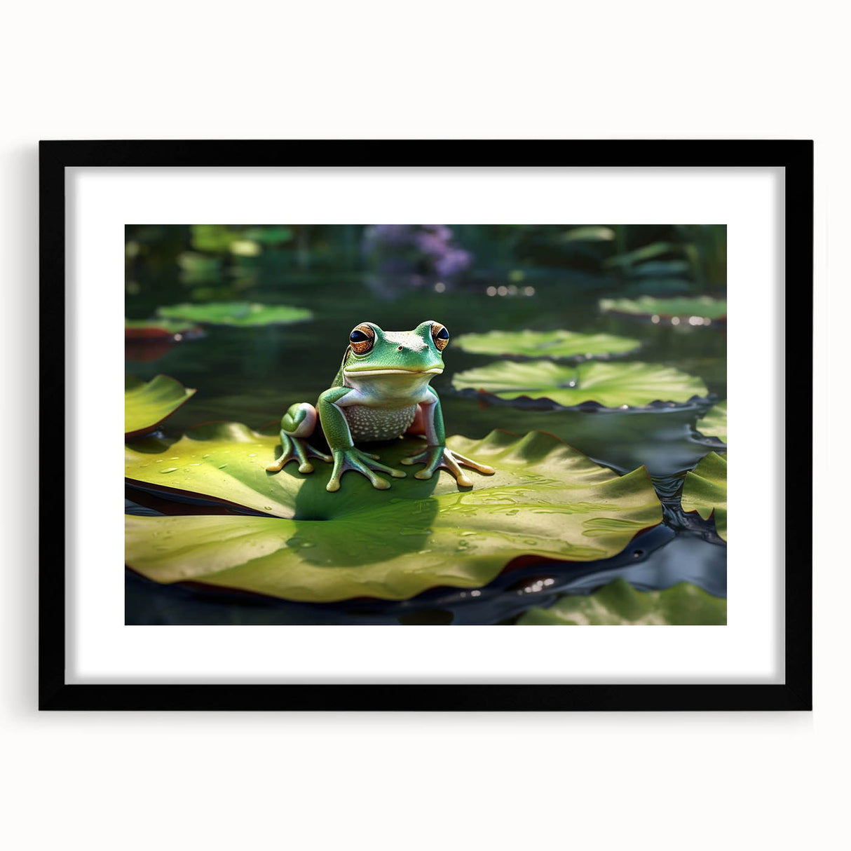 Framed rainforest landscape wall art collection featuring vibrant green foliage and serene tropical scenery, elegantly displayed with a black mat and frame.