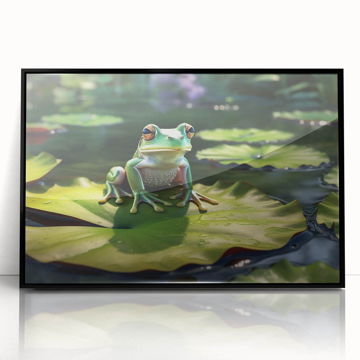 Framed acrylic wall art depicting a vibrant rainforest landscape, featuring lush green foliage and exotic plants, with a sleek black frame enhancing its modern appeal. Perfect for nature enthusiasts and home decor lovers.