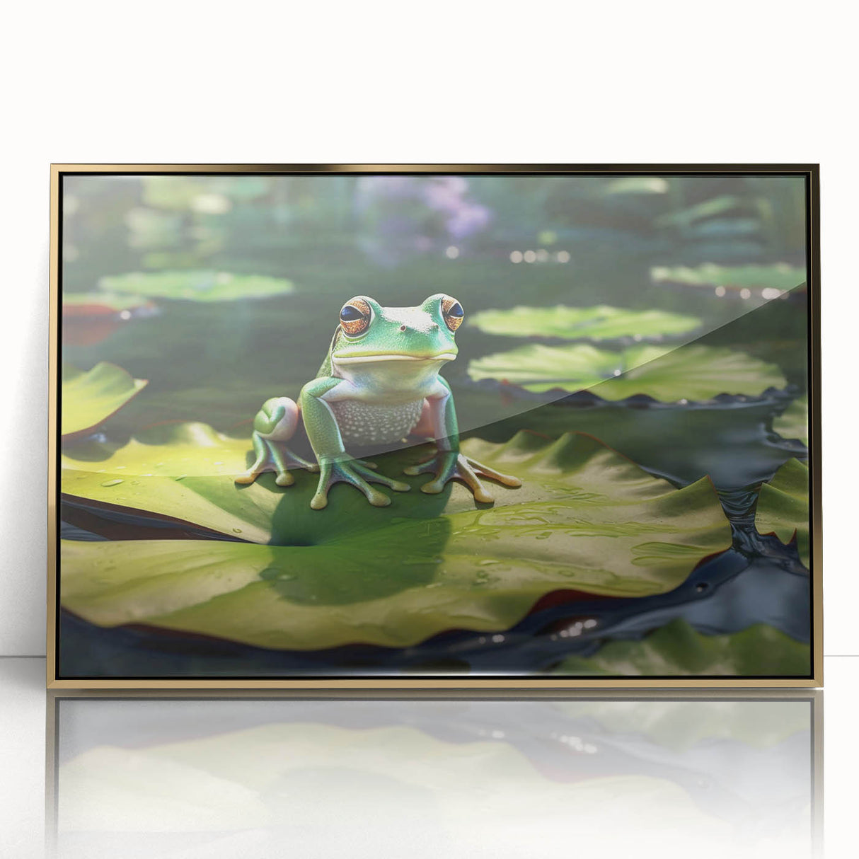 Framed acrylic wall art depicting a vibrant rainforest landscape in gold, showcasing lush greenery and intricate details, perfect for home decor.