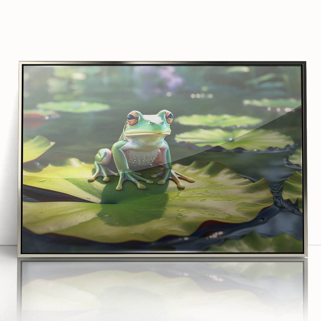 Framed acrylic wall art depicting a vibrant rainforest landscape, showcasing rich green foliage and colorful flora, elegantly designed for modern decor.
