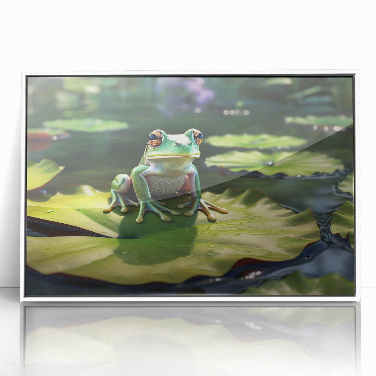Framed acrylic wall art depicting a vibrant rainforest landscape with lush greenery and colorful flora, showcasing a modern design, perfect for home decor.