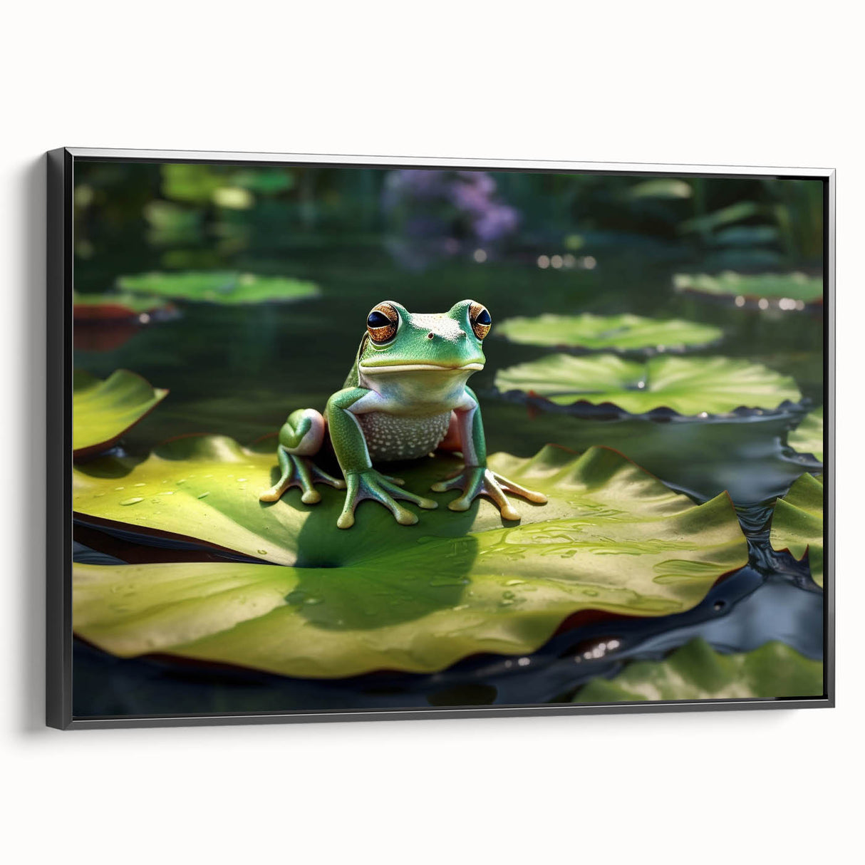 Framed canvas wall art showcasing a vibrant rainforest landscape design, featuring lush greenery and colorful flora, with a sleek black frame for modern decor.