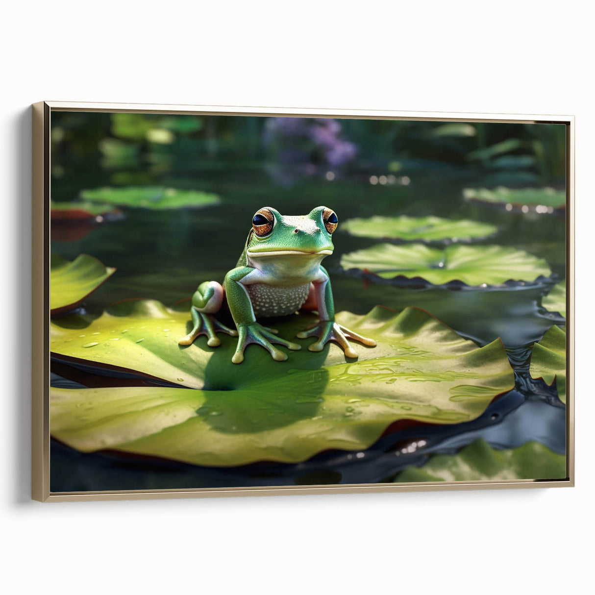 Framed canvas wall art showcasing a vibrant rainforest landscape design with lush greenery and golden accents, ideal for enhancing interior decor.