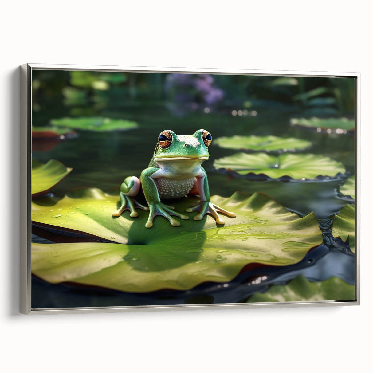 Framed canvas wall art depicting a vibrant rainforest design with lush greenery and colorful flora, showcased from a silver side view, perfect for nature-inspired decor.
