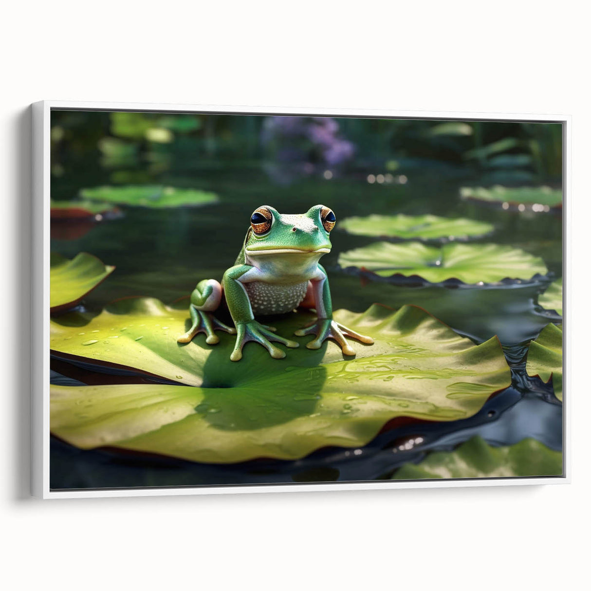 Framed canvas wall art showcasing a vibrant rainforest landscape design, featuring rich greens and blues, elegantly displayed with a white frame for a modern touch.