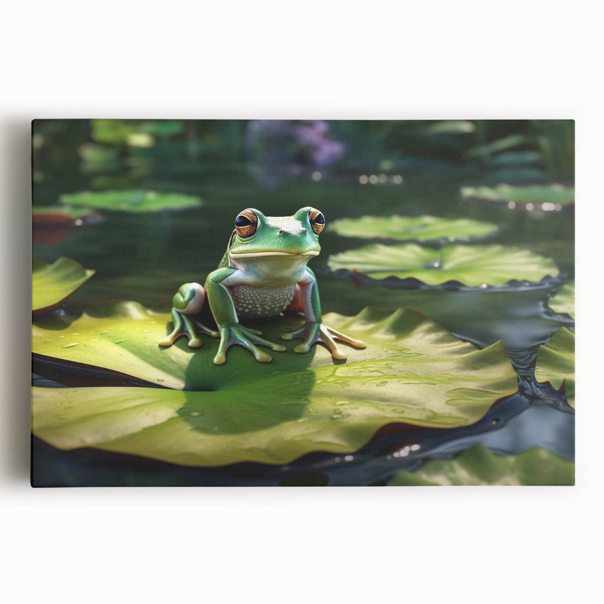 Stretched canvas artwork showcasing a vibrant rainforest landscape design, rich in green hues and intricate details, ideal for home decor or nature-themed spaces.