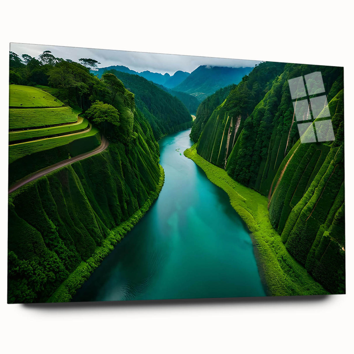 Acrylic glass wall art featuring a vibrant rainforest landscape design, showcasing lush greenery and vivid colors, ideal for home decor and nature enthusiasts.